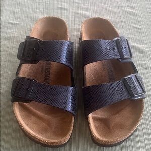 Birkenstock Two-Strap Slides in Black Snake-Embossed Finish